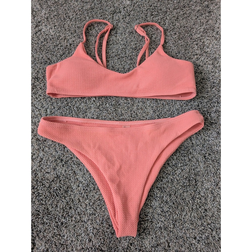 ZAFUL‎ Coral Pink Textured Scoop Neck Bikini Set High Cut Bottoms US 6 Medium